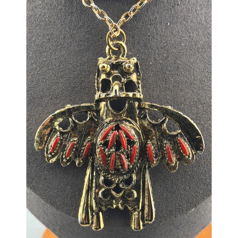 Vintage Thunderbird Pendant Necklace Gold Tone Orange Inserts 2.5"